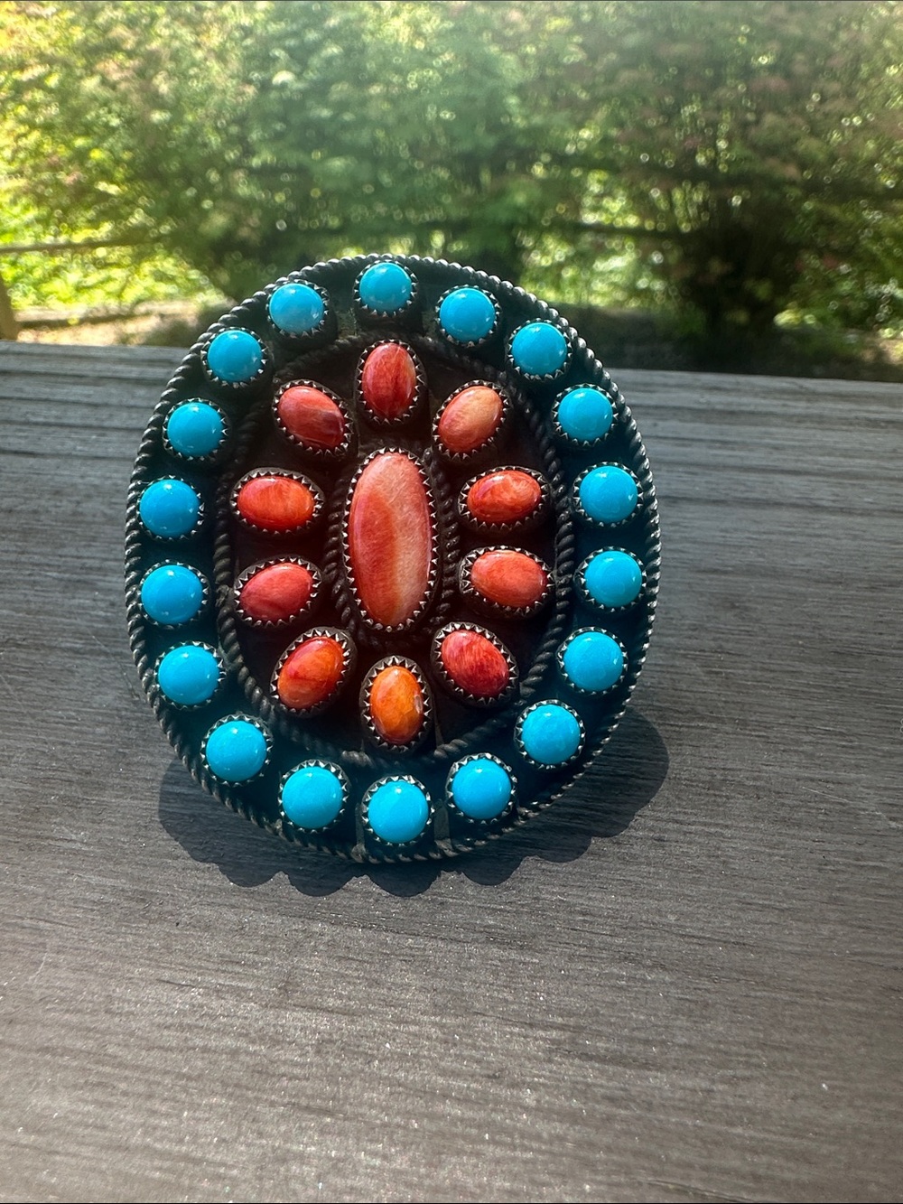 Navajo Devin Brown Sleeping Beauty & Spiny Oyster Sterling Silver Ring
